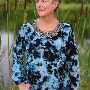 Alfani Women Tunic Blouse S Blue Abstract Beaded Neckline Sheer Sleeve Ethereal